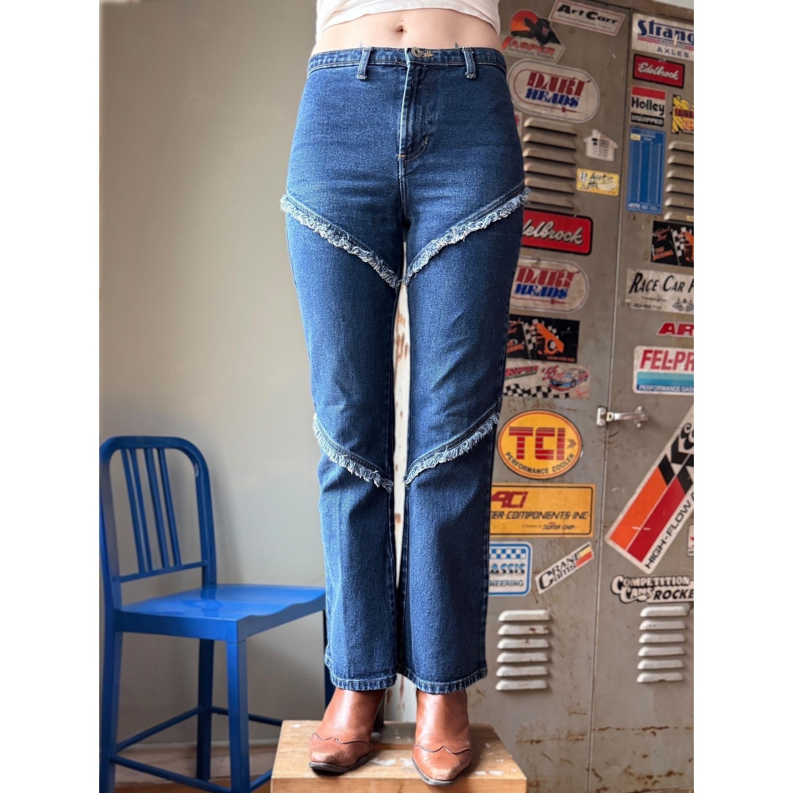 Vintage Y2K Fringe Panel Jeans | Low Rise Kick Flare Denim | Medium Wash | 29″