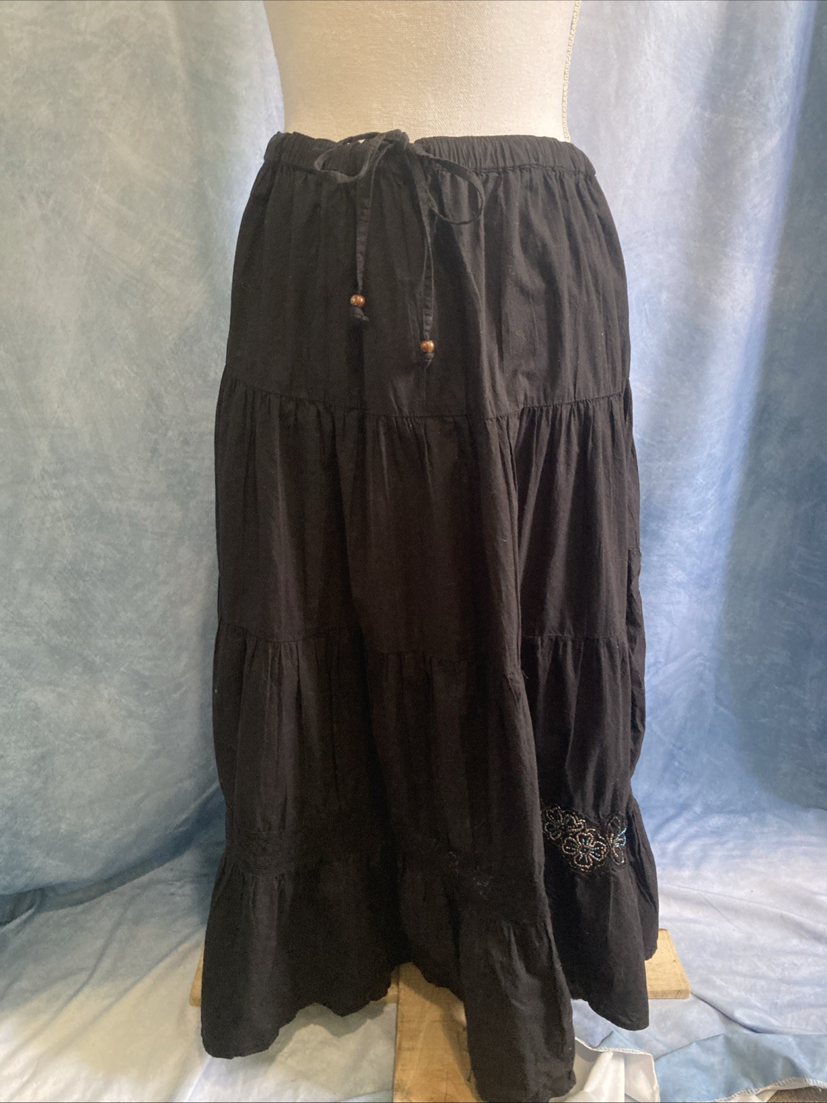 Vtg Y2K Boho White Stag Black Cotton Tiered Peasant Maxi Skirt Lace Drawstring S