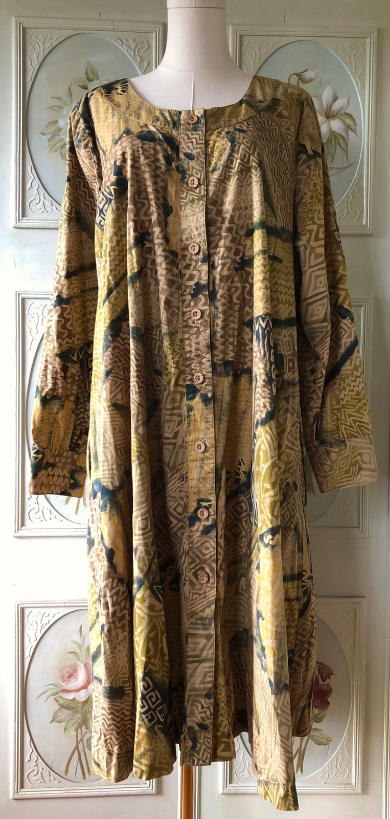 VTG BARBARA McCAINE ASHANTI COTTON DRESS SLEEVE TAN BROWN BLACK TIKI PRINT S EUC
