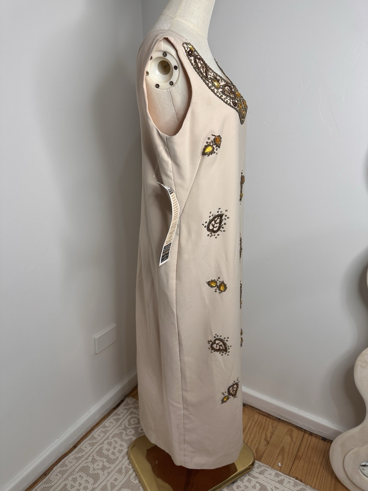 Vintage 50s 60s Sz S / M gold beaded sequin formal evening maxi gown dress party