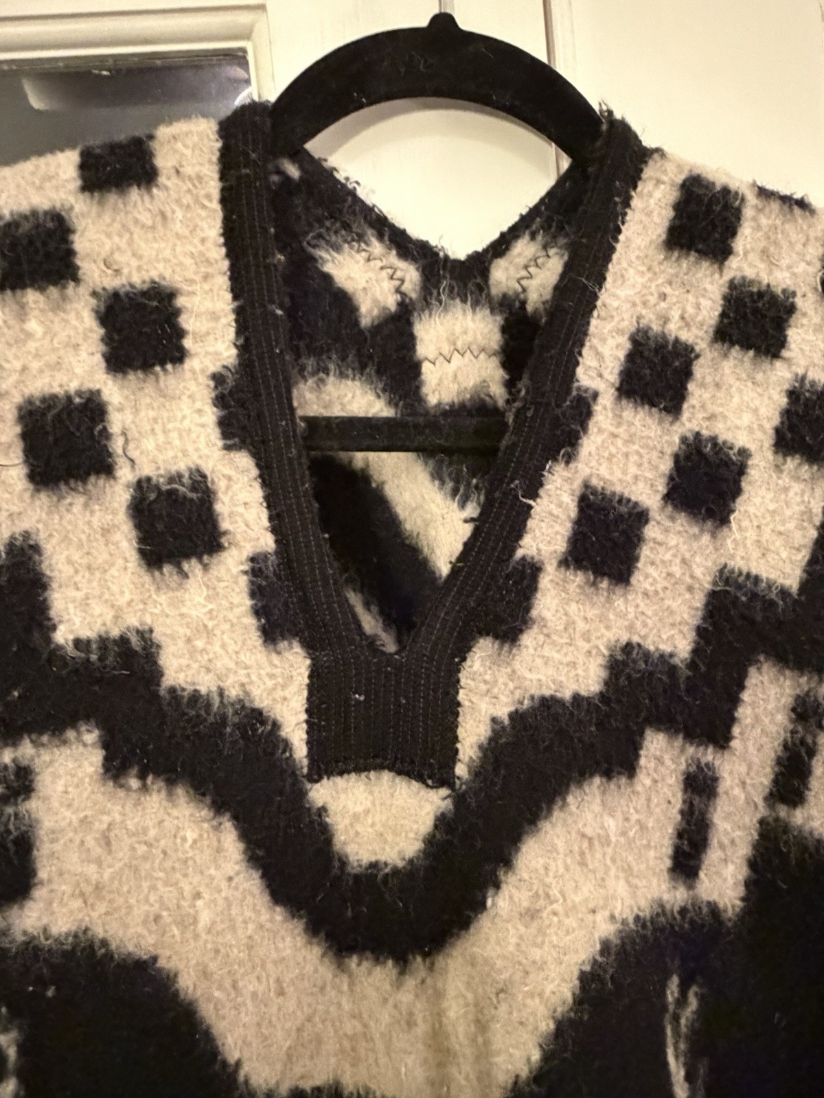Vintage Reversible Black And White Native Indigenous Wool Poncho