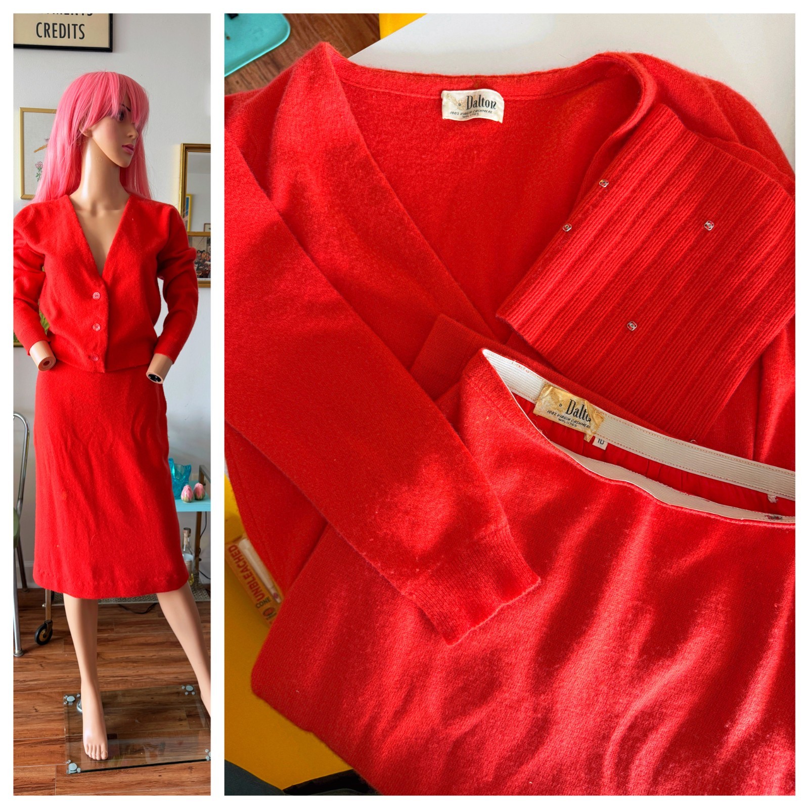 ❤️ Vtg Dalton Cashmere 3pc Skirt Set Cardigan Shell Luxe Minimalist Dress Red S