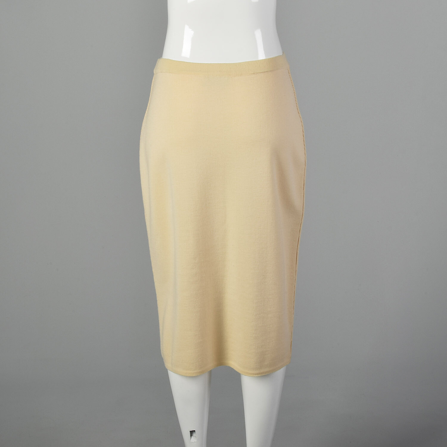 L-XL Salvatore Ferragamo 1990s Cream Skirt Wool Knit Pull-on Pencil VTG 90s