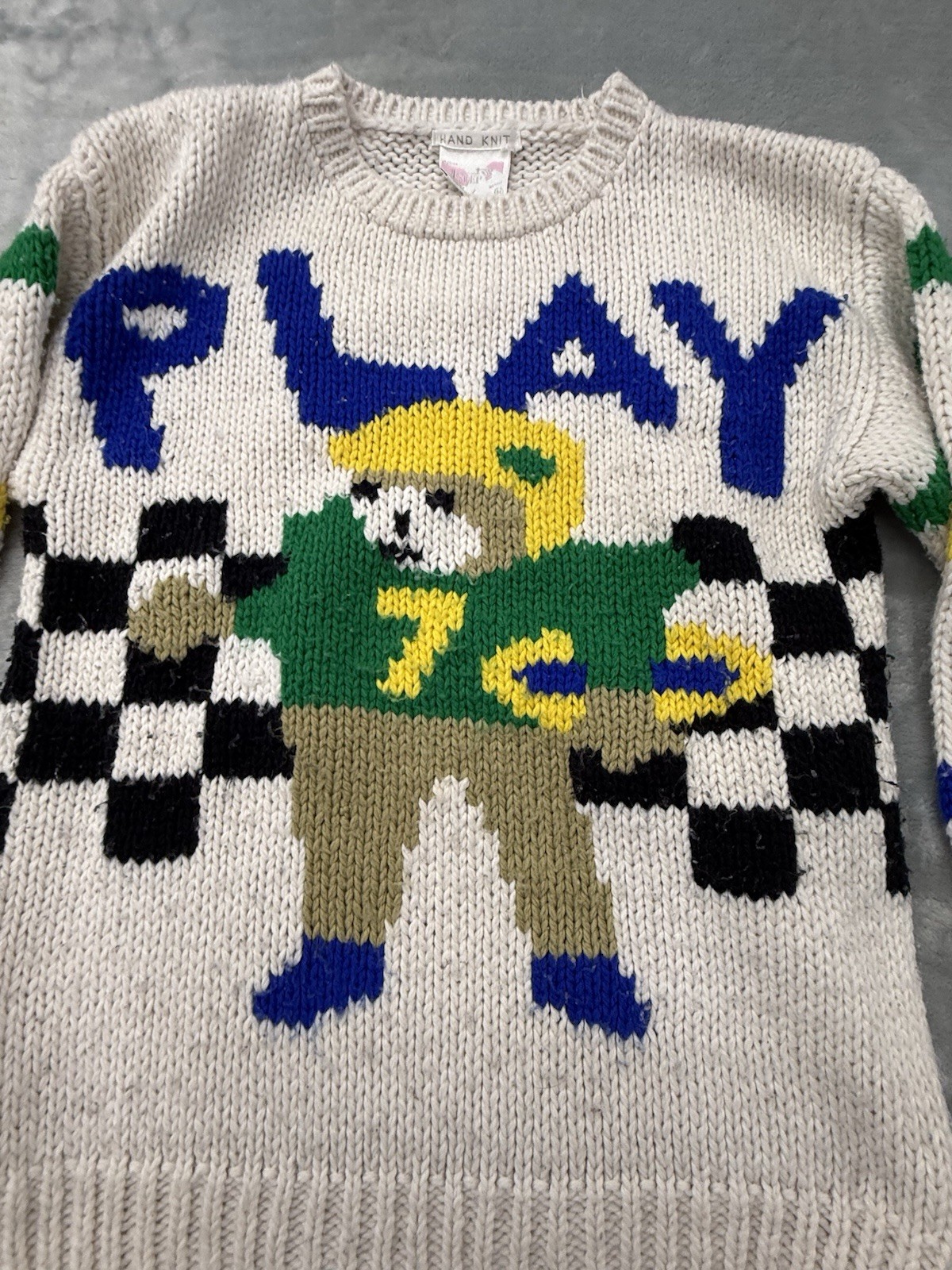 Women’s Vintage ONE STEP UP Bear Football Sports Theme Hand Knit Colorful Med