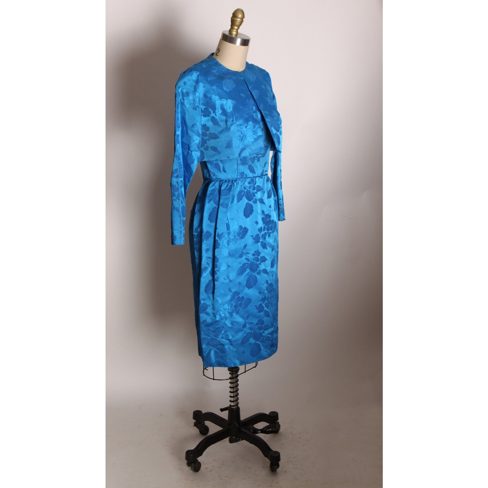 1950s Blue Floral Sleeveless Dress with Matching 3/4 Length Sleeve Jacket Outfit