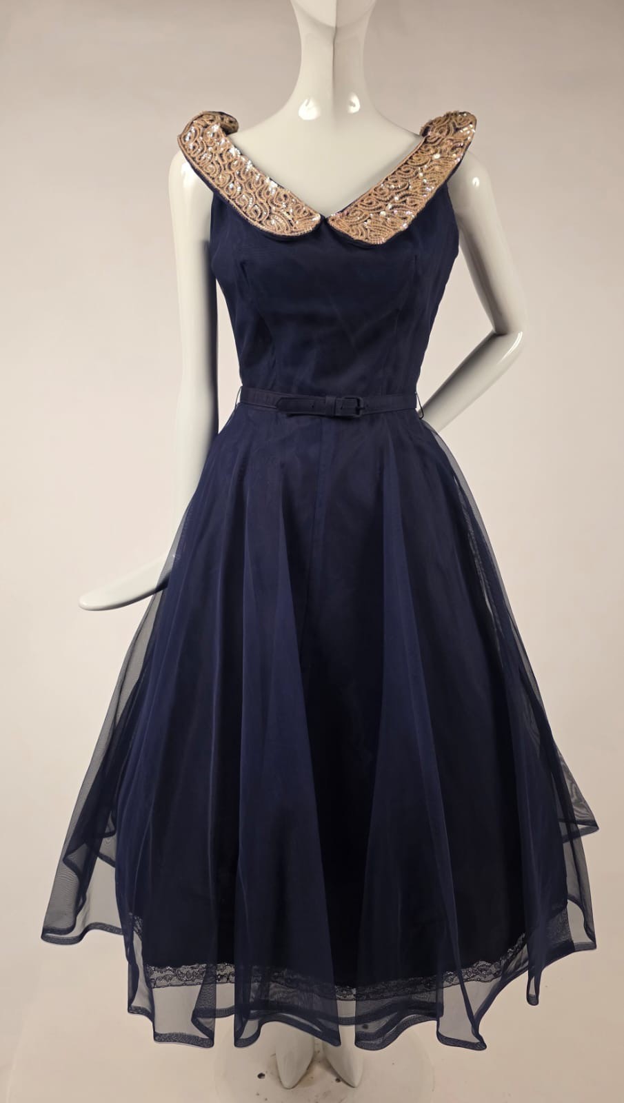 VINTAGE 1950’S BLUE ORGANZA OVER TAFFETA PARTY DRESS W SPARKLING SEQUIN COLLAR