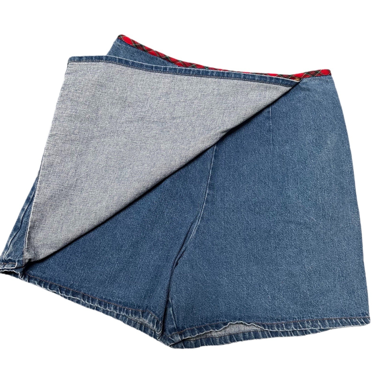 90s Vintage My Michelle Blue Jean Denim Skort Tartan Trim 13 Grunge Punk Preppy
