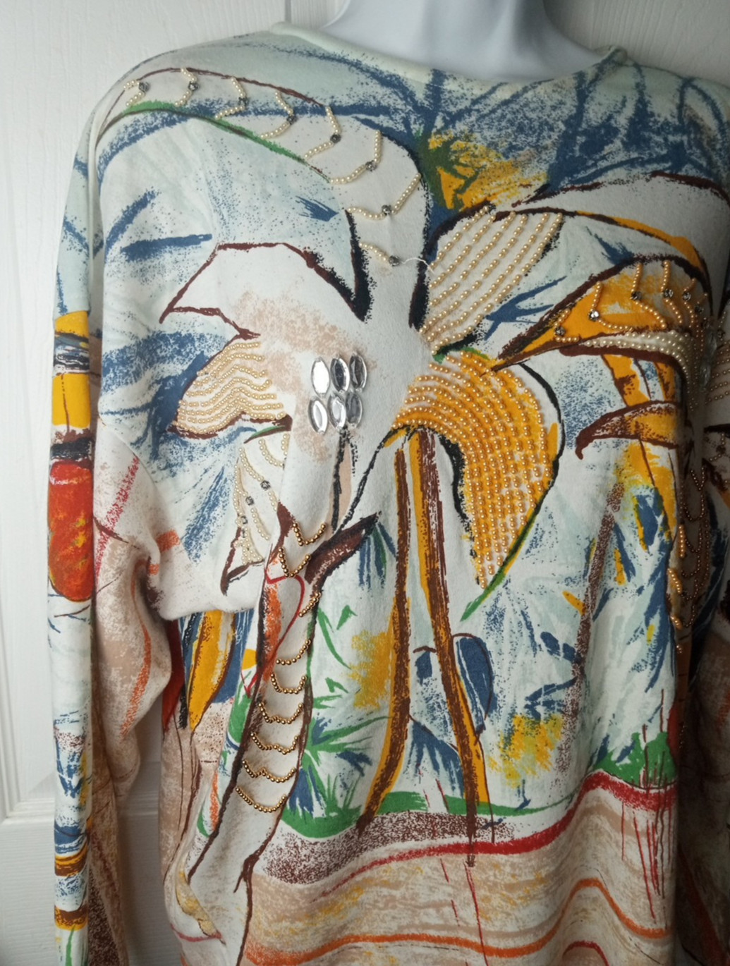Stephanie 80’s Vintage Embellished Palms Long Sleeve Women’s Sweater