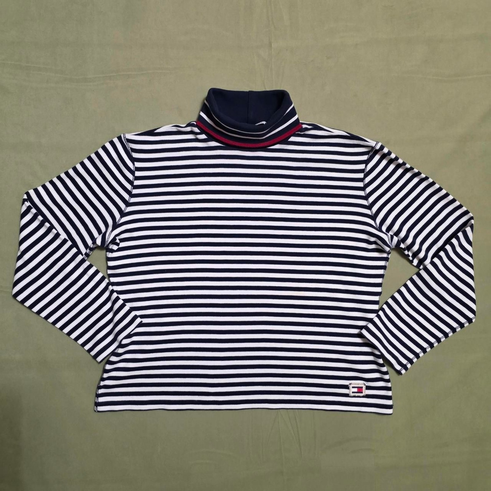 Vintage Y2K Tommy Hilfiger Striped Turtleneck Long Sleeve Top Navy White XL 2002