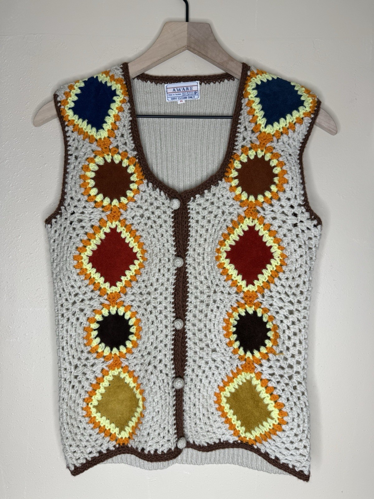 Vintage 70’s Aware Leather Knit Embroidered Crochet Vest Size Medium