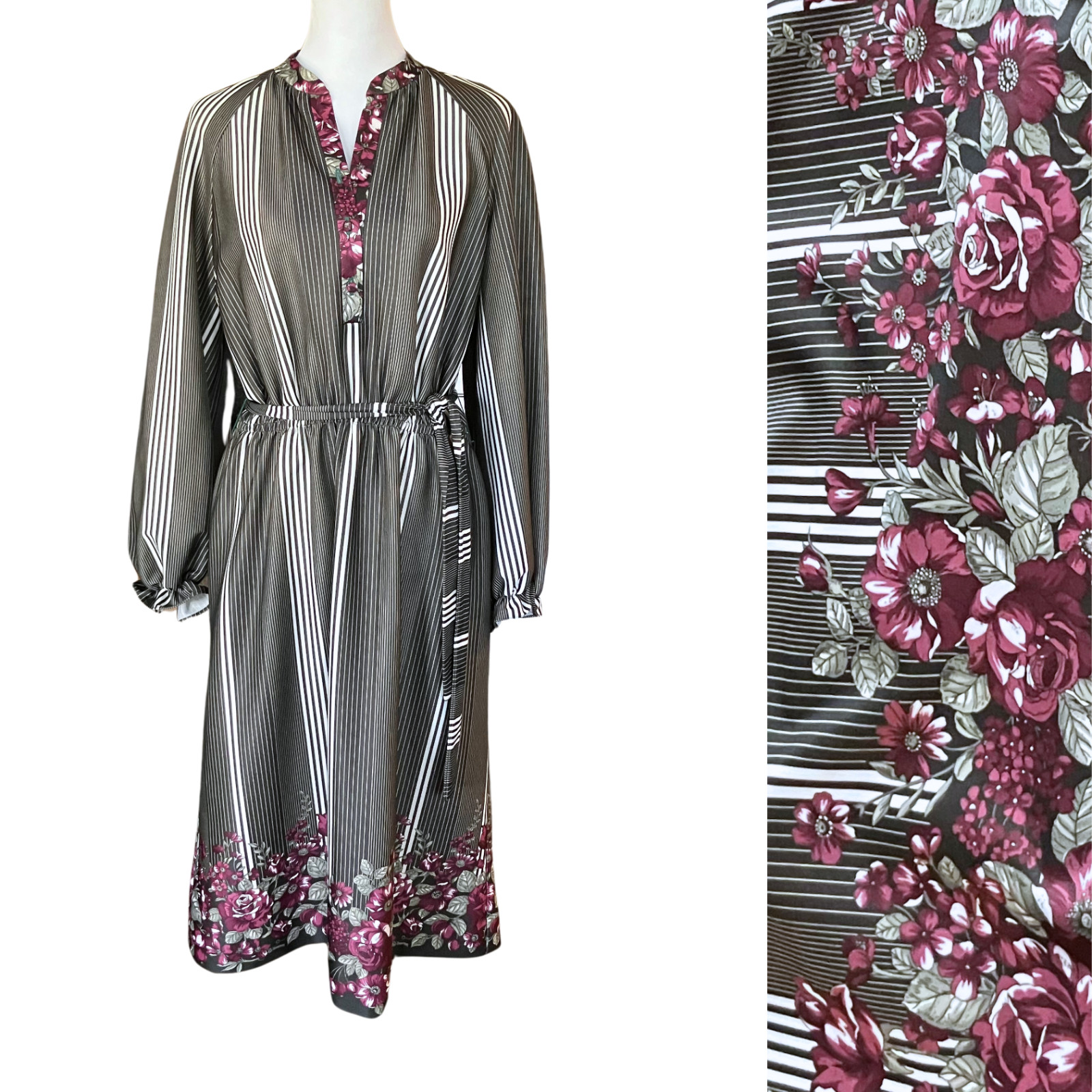 Vintage 70s Boho Green Stripe Belted Long Sleeve Midi Dress. Large. Retro Floral