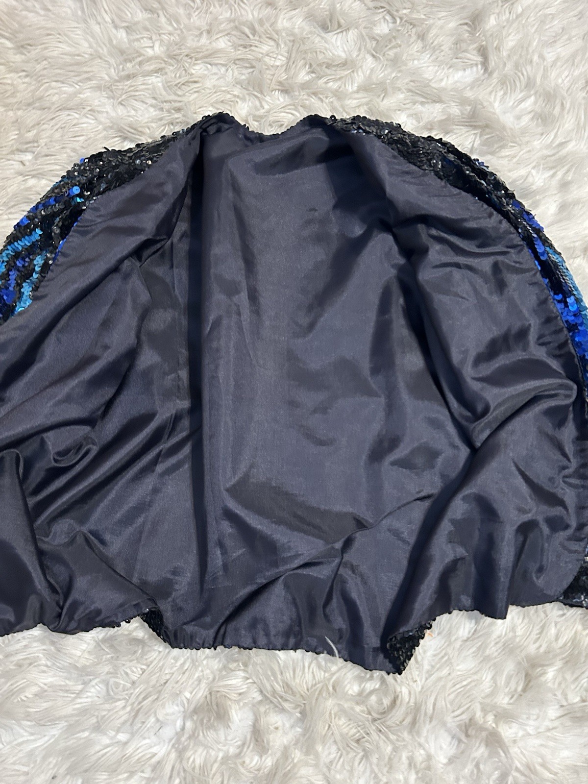 Vtg Multicolor Blue Sequin Open Jacket Shiny Disco Glam Rock Statement Formal