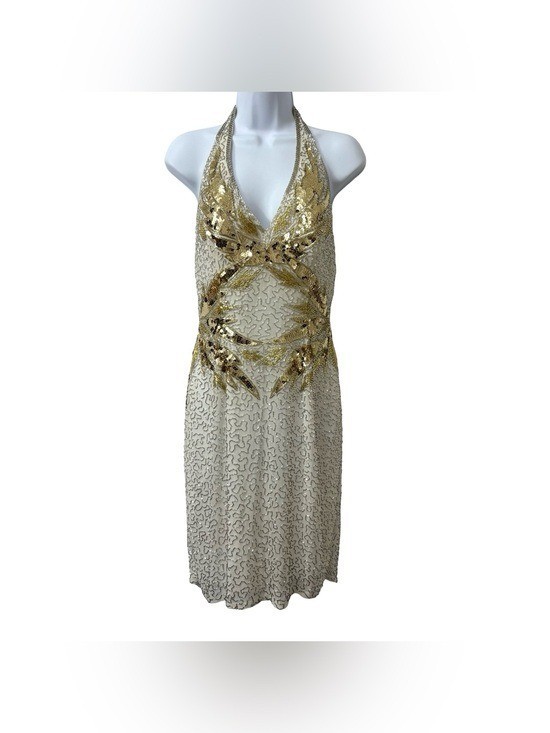 VTG NITE Lime 100% Silk Beaded 90s Showgirl Sequin Beige Gold Dress Size 8