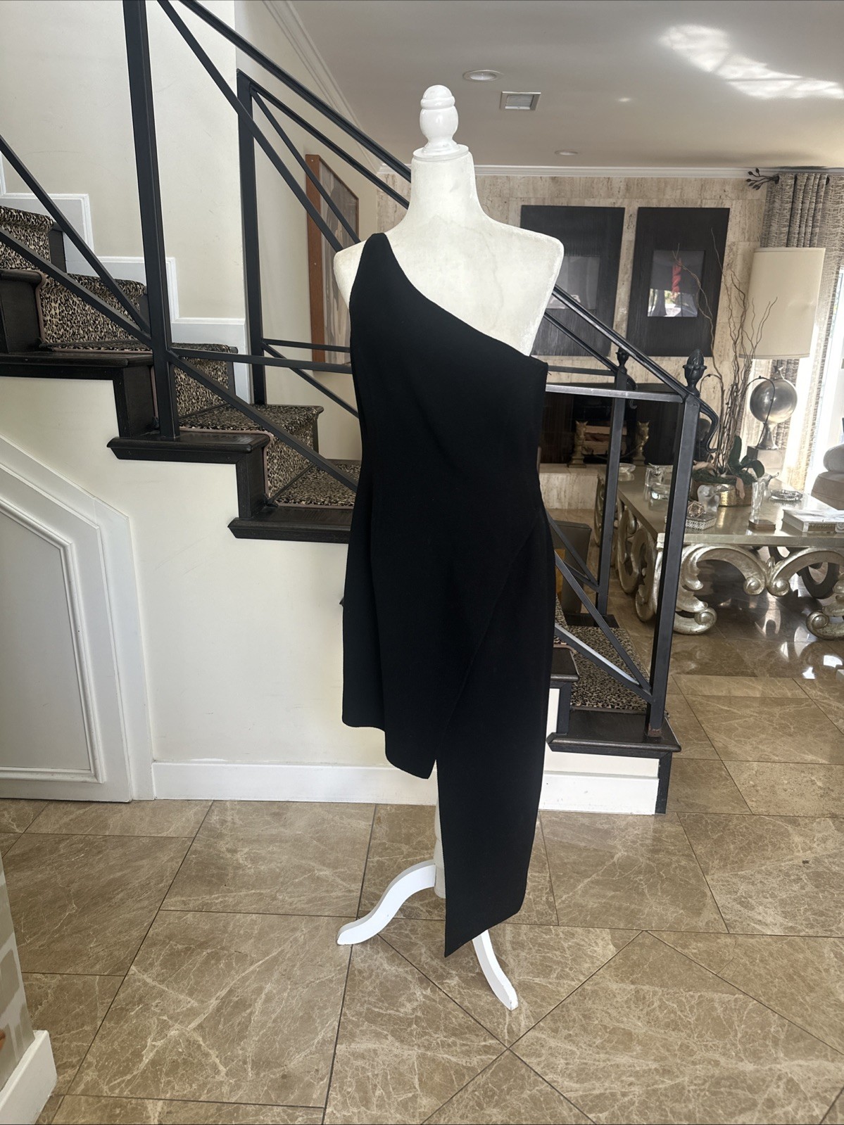 Mila Schon 80s Black Wool Crepe Asymmetrical High Low One Shoulder Gown M VTG 12