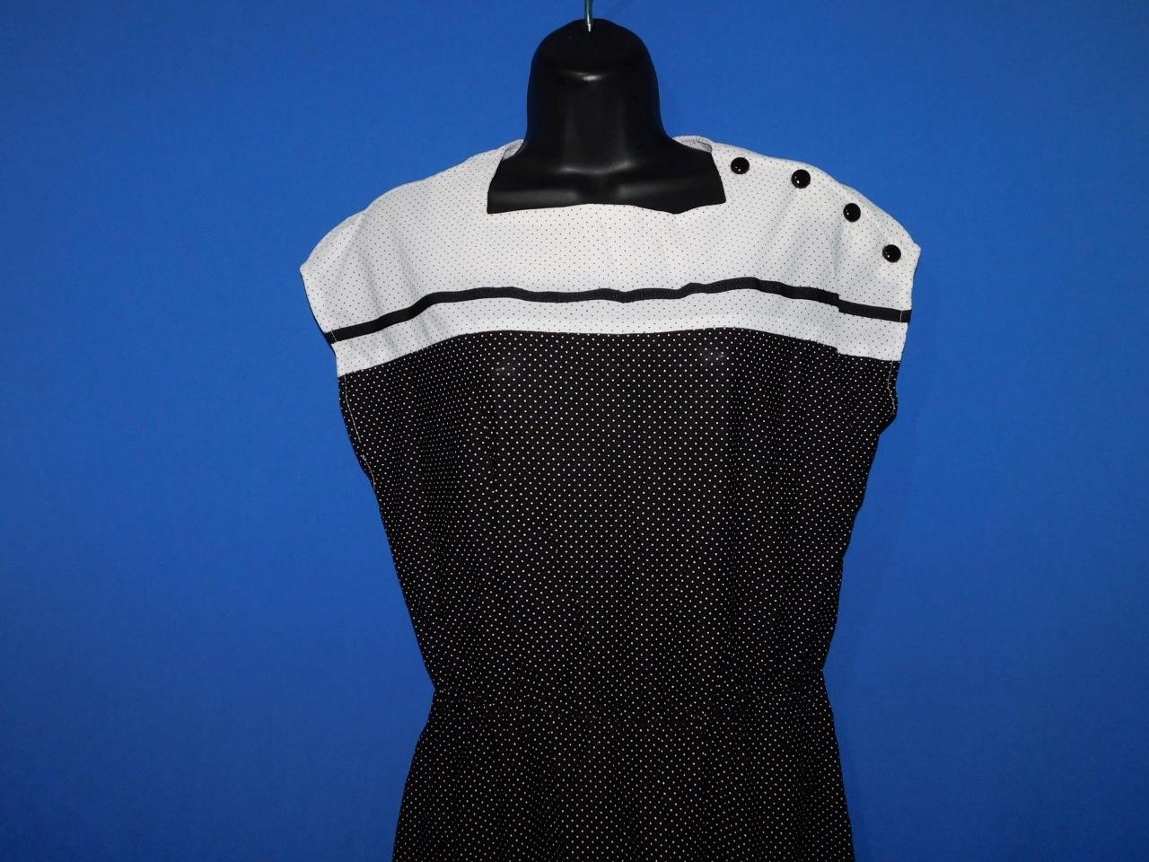 Vintage Sears S M Black White Polka Dot Stripe Shift Dress Short Cap Sleeve Knee