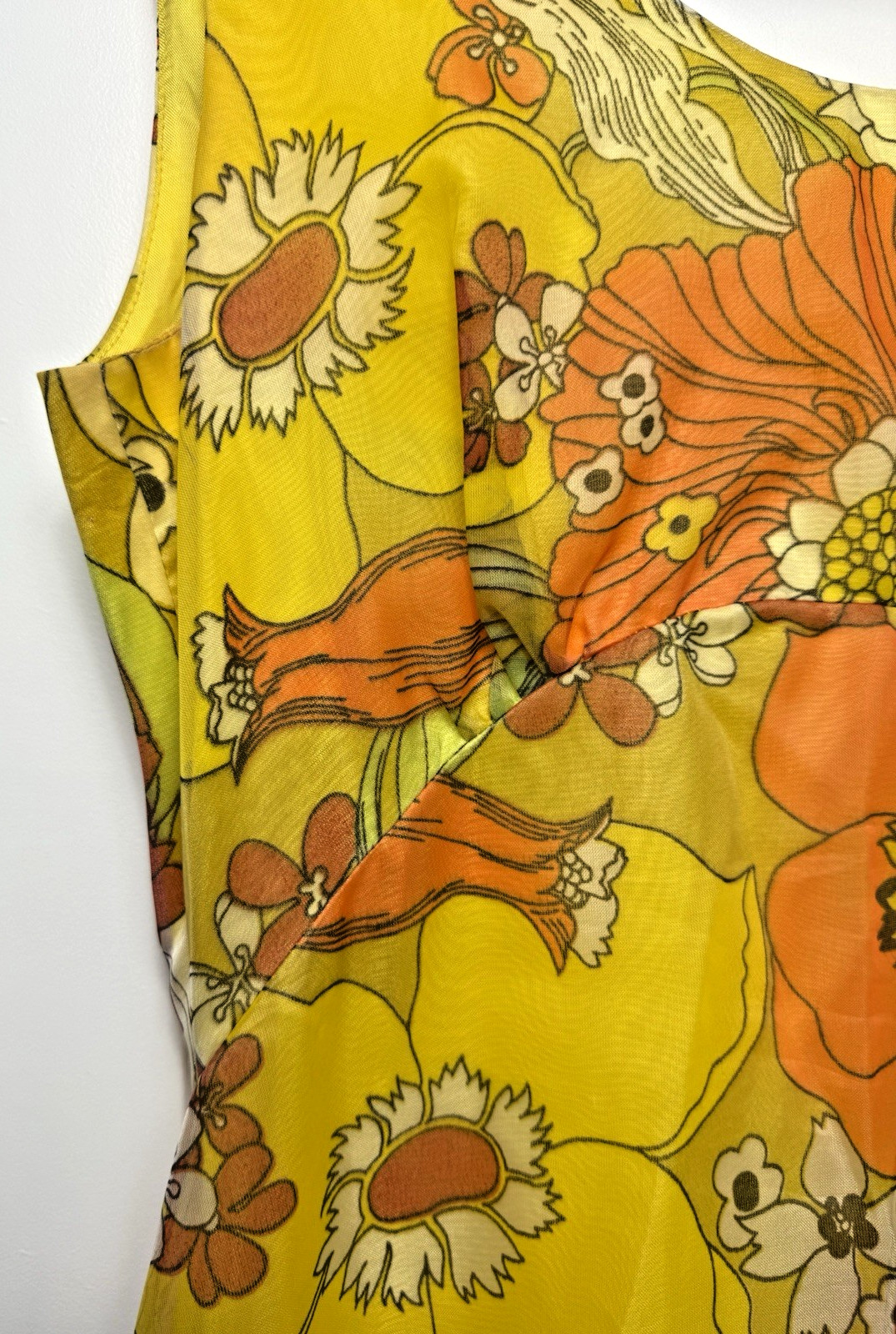 Vtg 60’S Groovy Orange Yellow Sheer Floral Maxi Dress Stiff Chiffon Long Jacket
