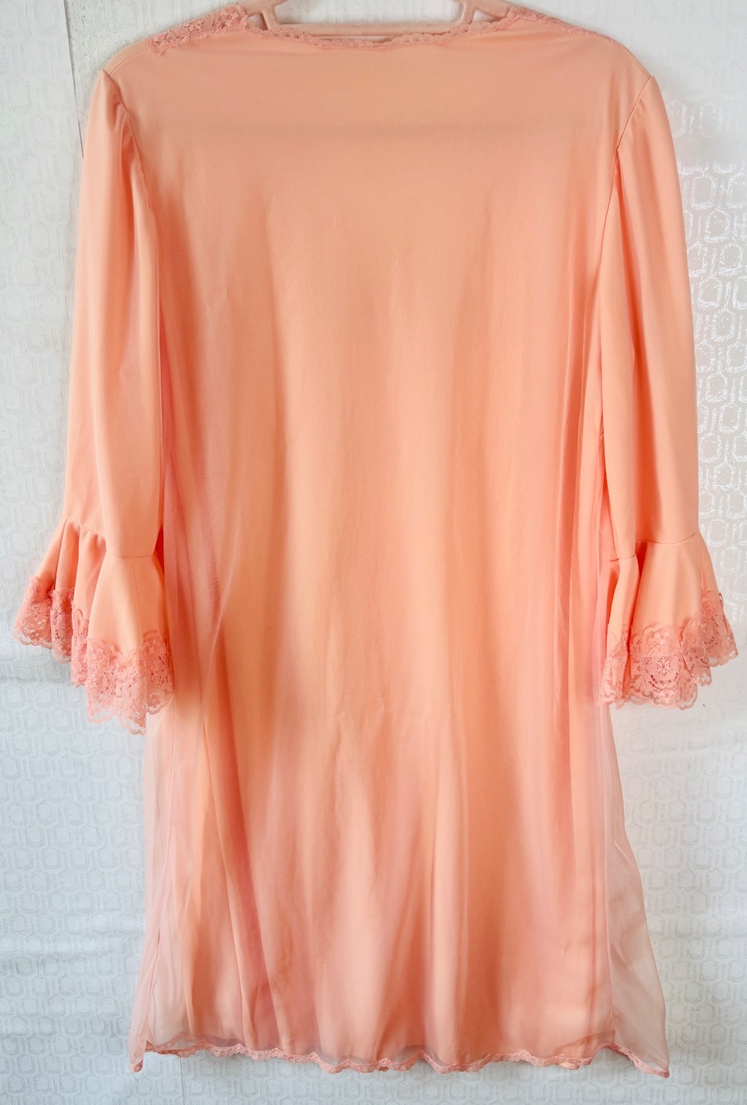 PRETTY!! VTG 60’S PEACH CHIFFON NYLON&LACE NIGHTGOWN JULIETTE TRUMPET SLEEVES*M