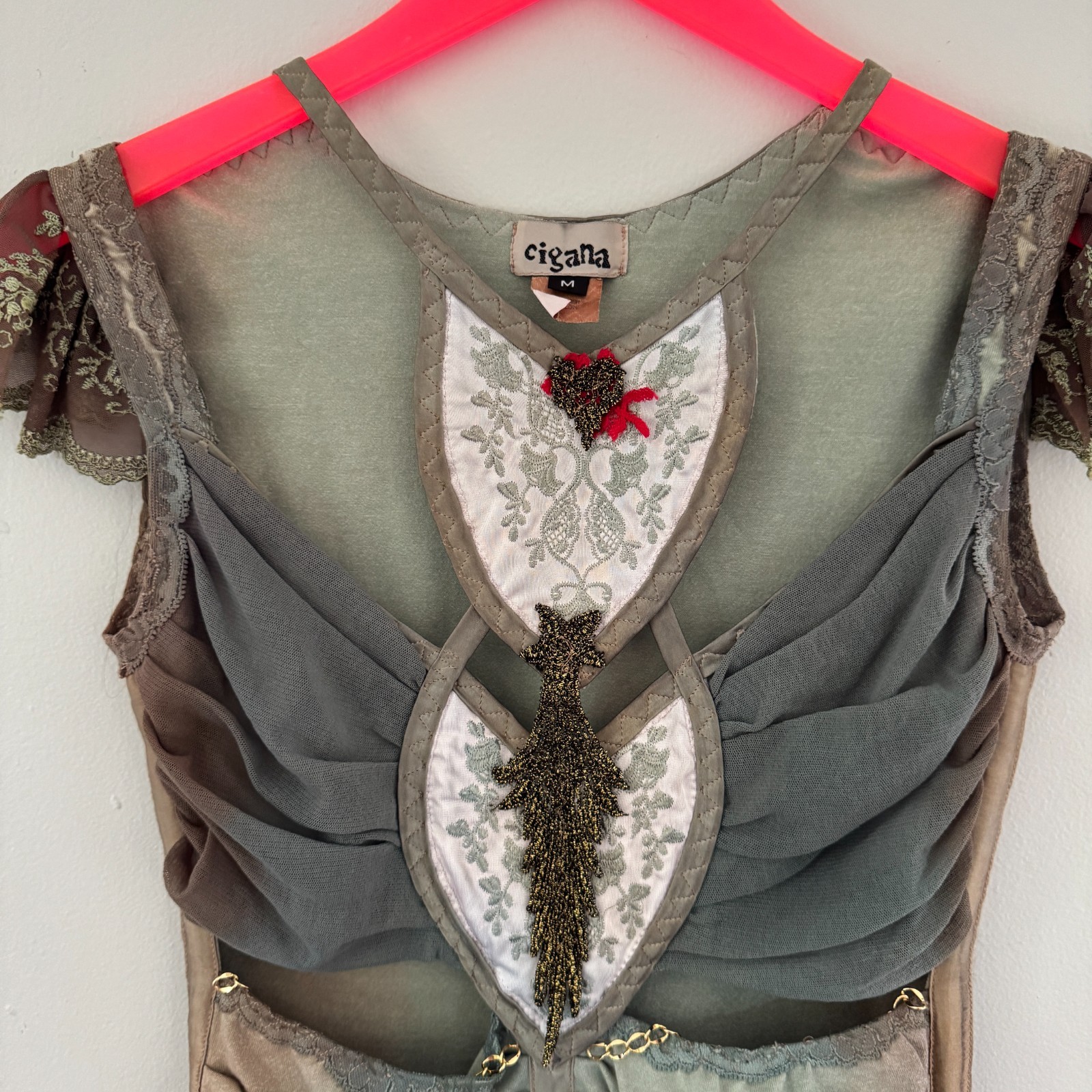 Y2K vtg CIGANA Lace Chain HANDMADE Corset Slip CUT-OUT Upcycled Tank Top Gypsy M