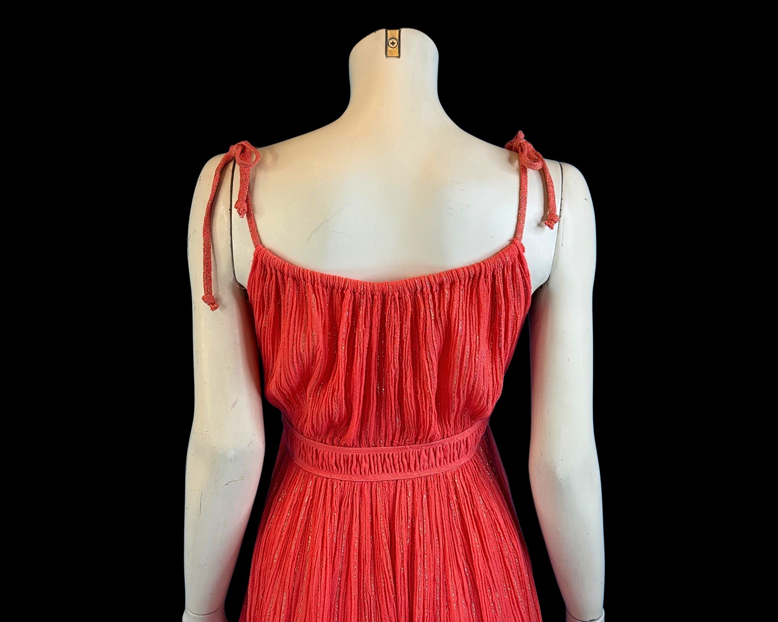 80s Greek Goddess Coral Gauze & Gold Lurex Mini Vintage Sundress | S