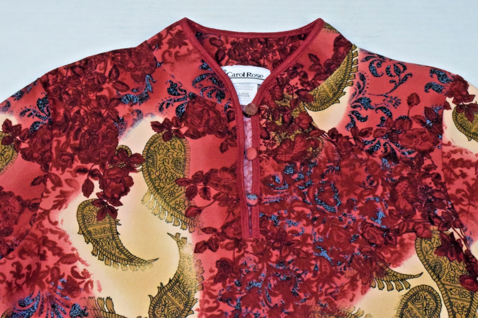 Vintage Top Carol Rose Size L 90s Burgundy Gold Paisley Quarter Button Made USA