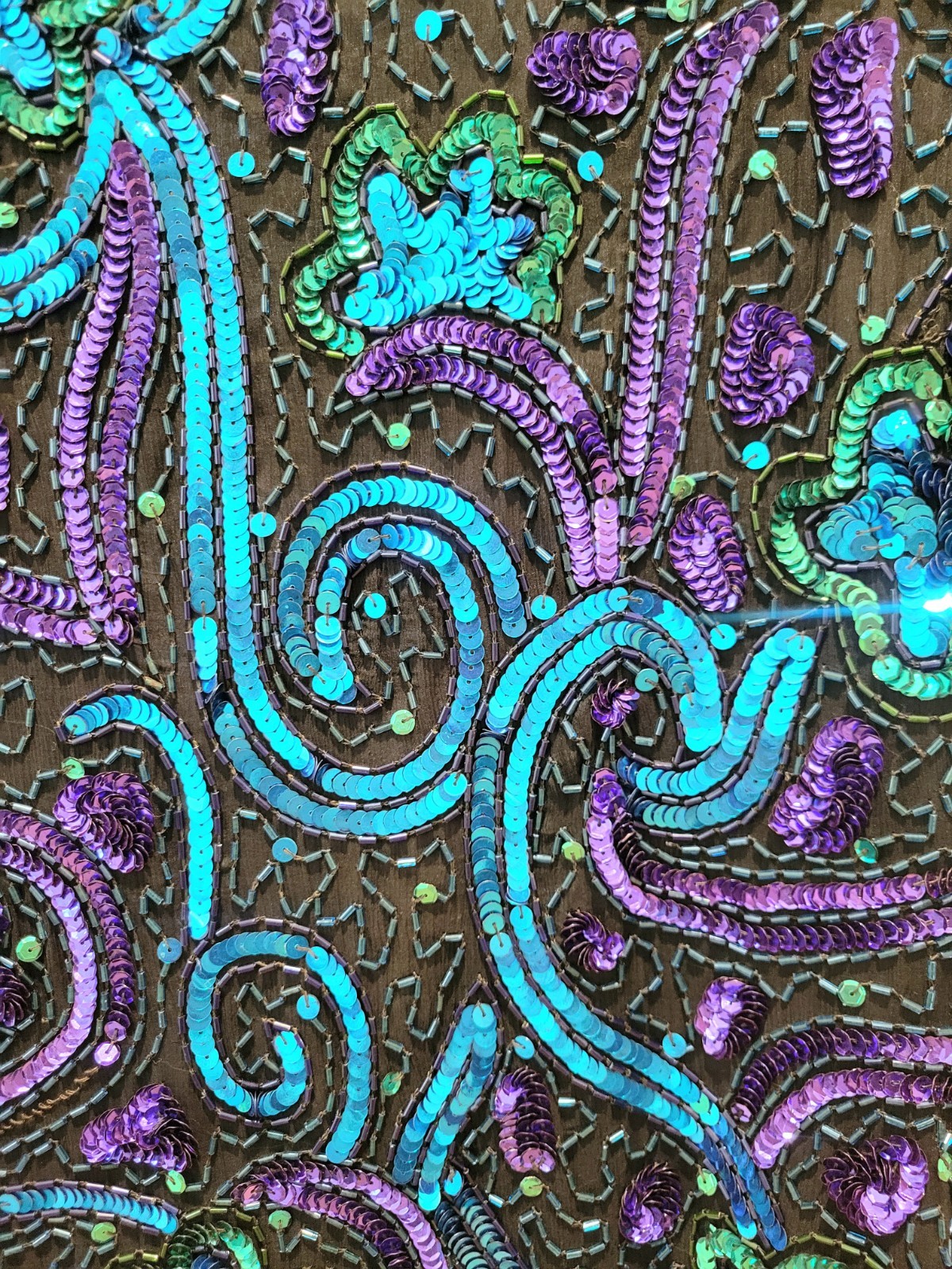 100% SILK Laurence Kazar Vintage Beaded/Sequined Embellished Blouse Blk/Blu PL