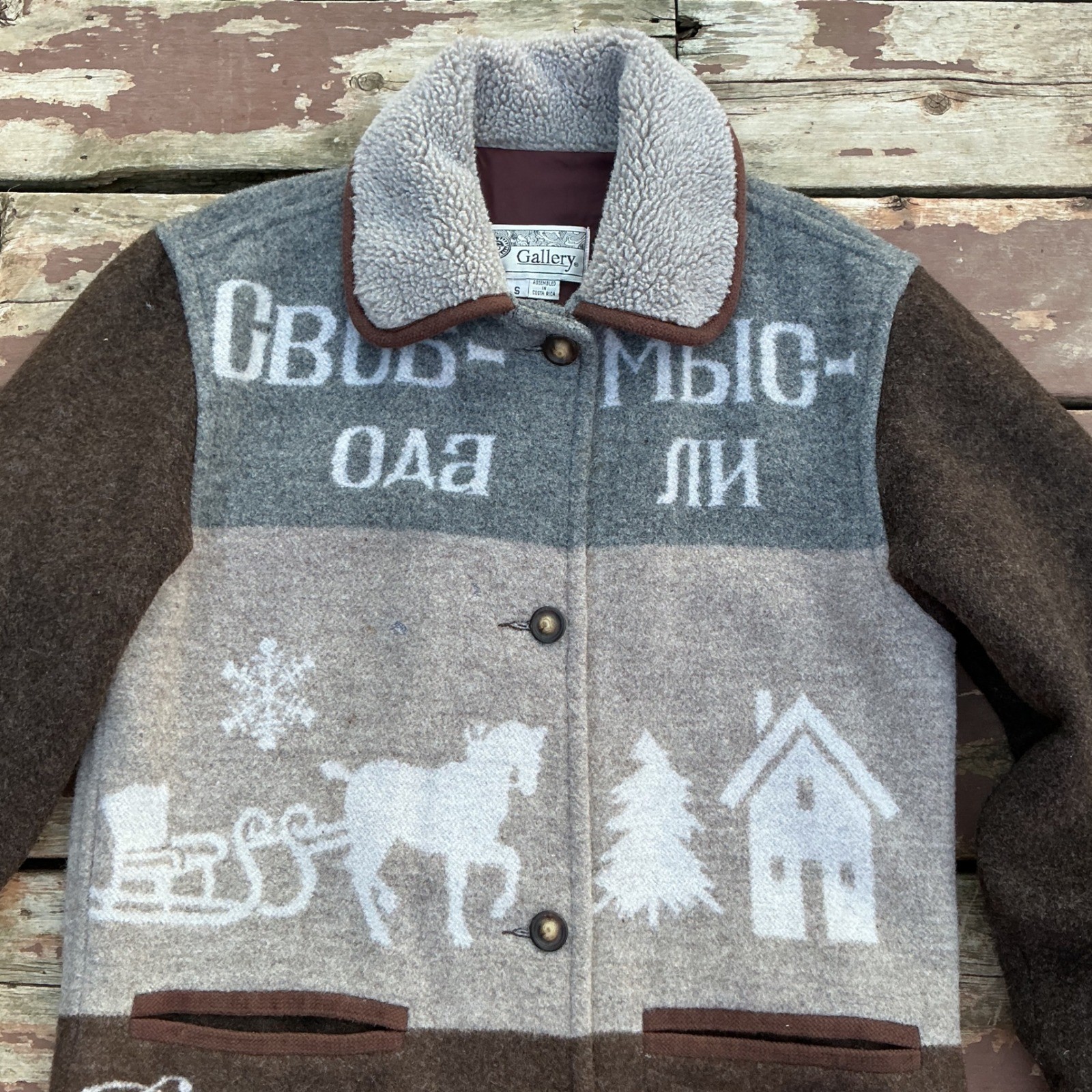 Gallery Wool Blend Coat Womens Small Gray Horse Snowflake Faux Shearling Vintage