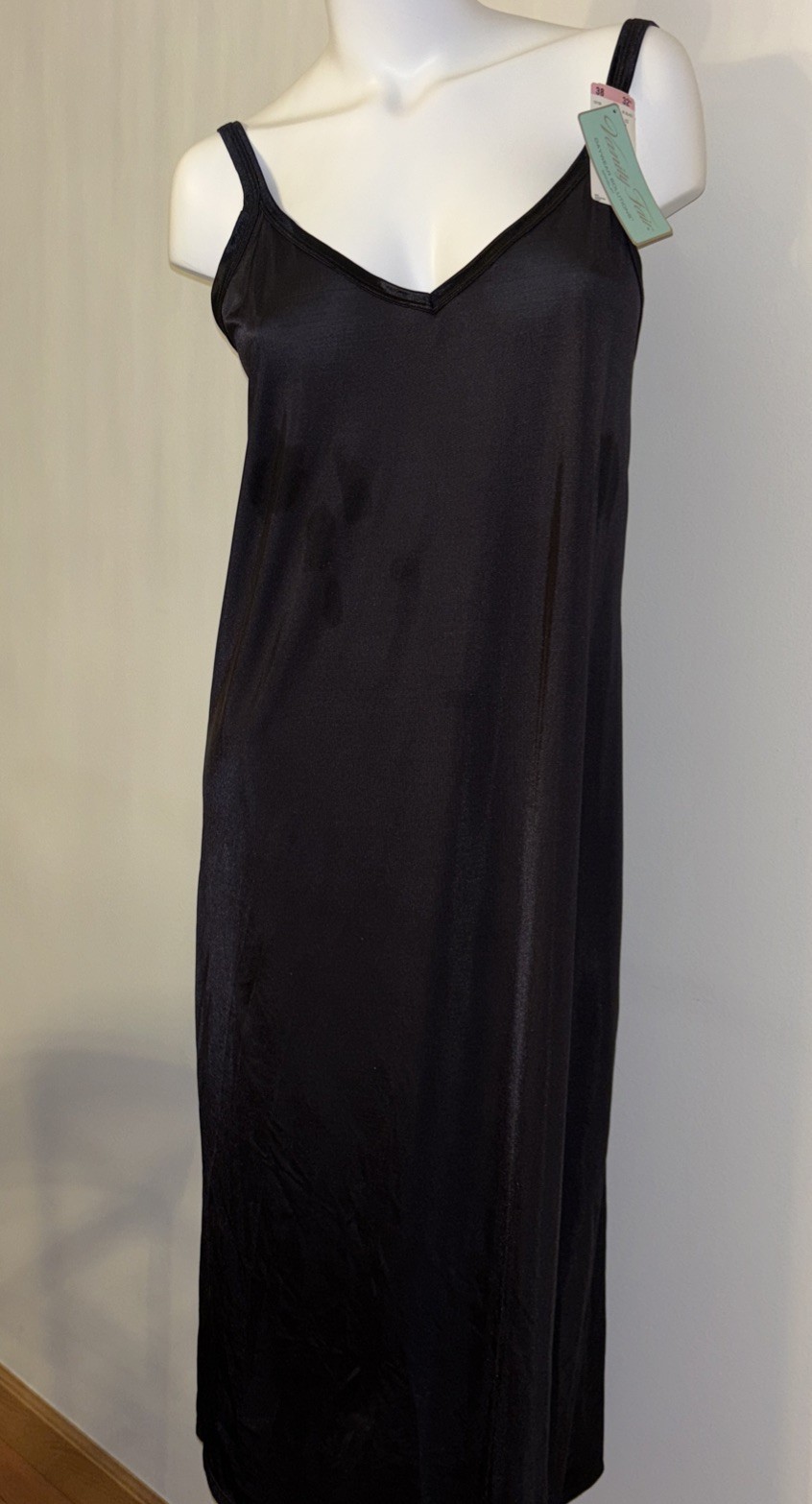 Vanity Fair Black Satin Full Slip Dress NWT Size 38 / 32” Length Vintage Style