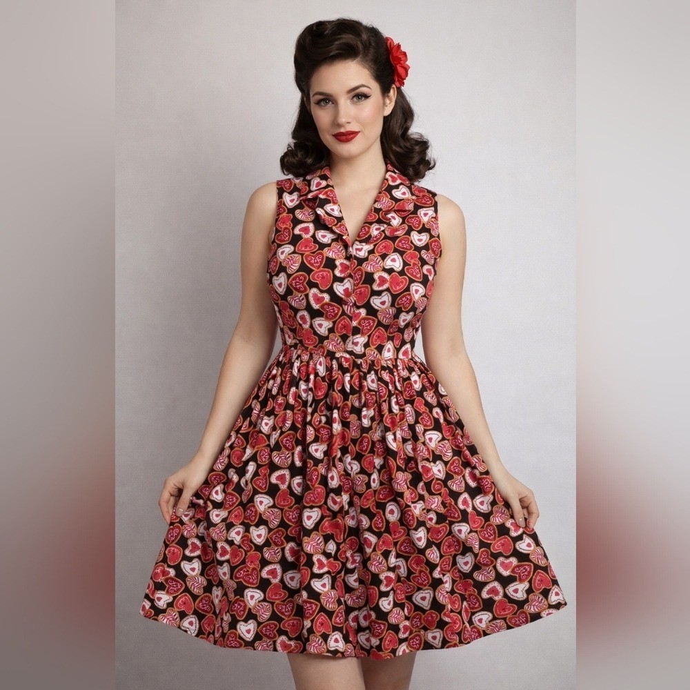 Vtg Style Fervour Modcloth Heart Cookie Dress Valentine’s Day Retro Pinup Med Lg