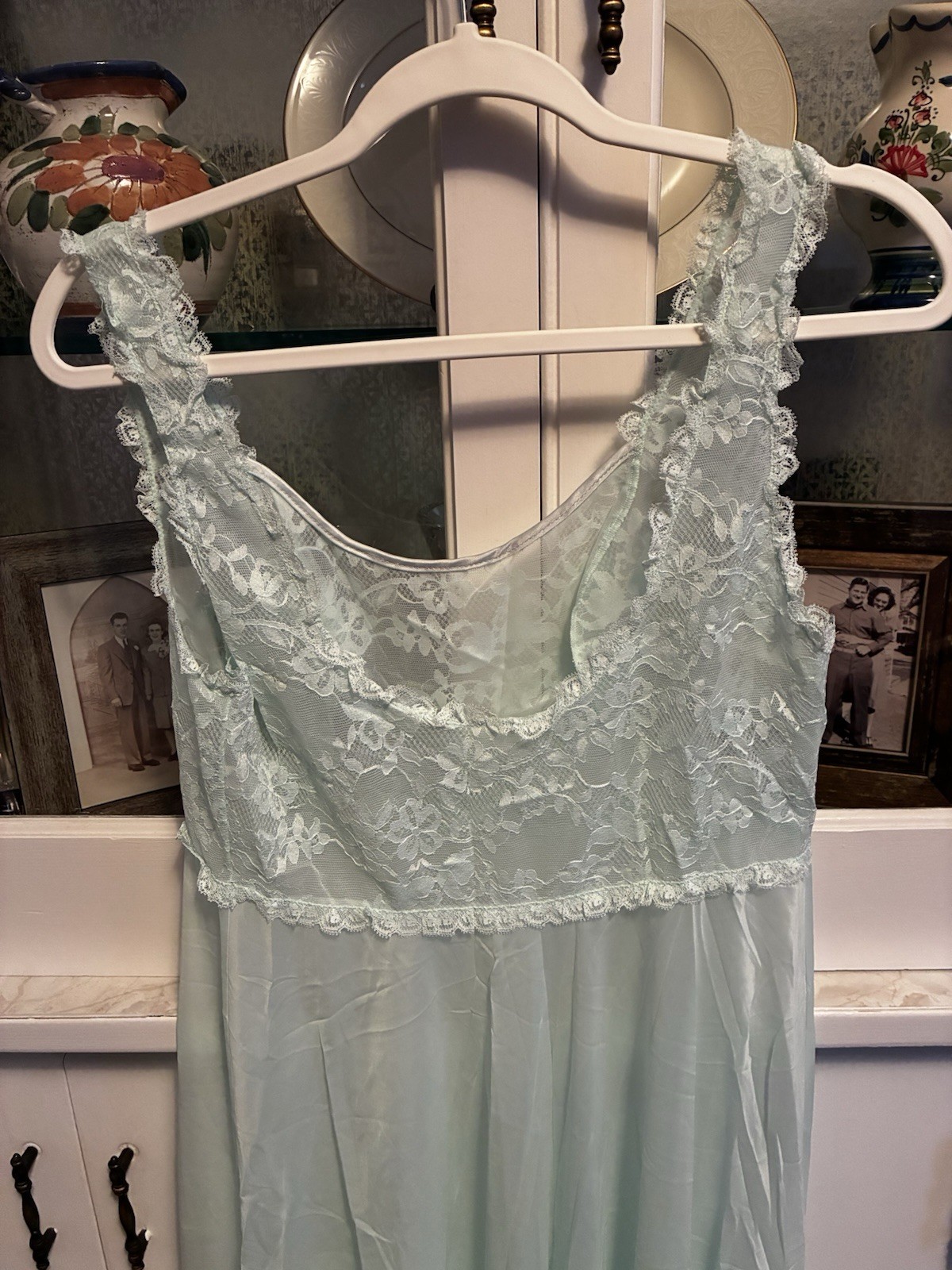 Vintage Vanity Fair Lace Tank Top Long Sheer Nightgown Bra Size 36 Mint Green