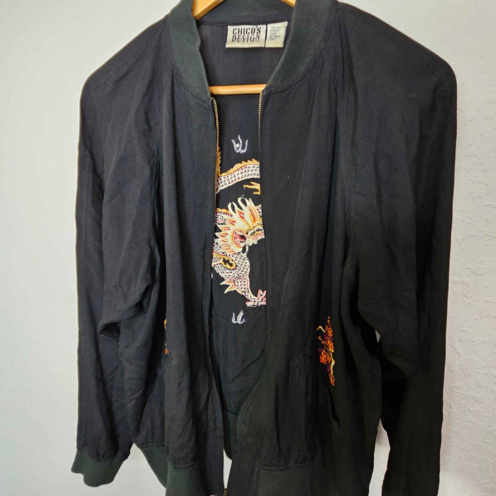 Chicos Design Vintage 100% Silk Dragon Embroidered Bomber Jacket Black Size 1