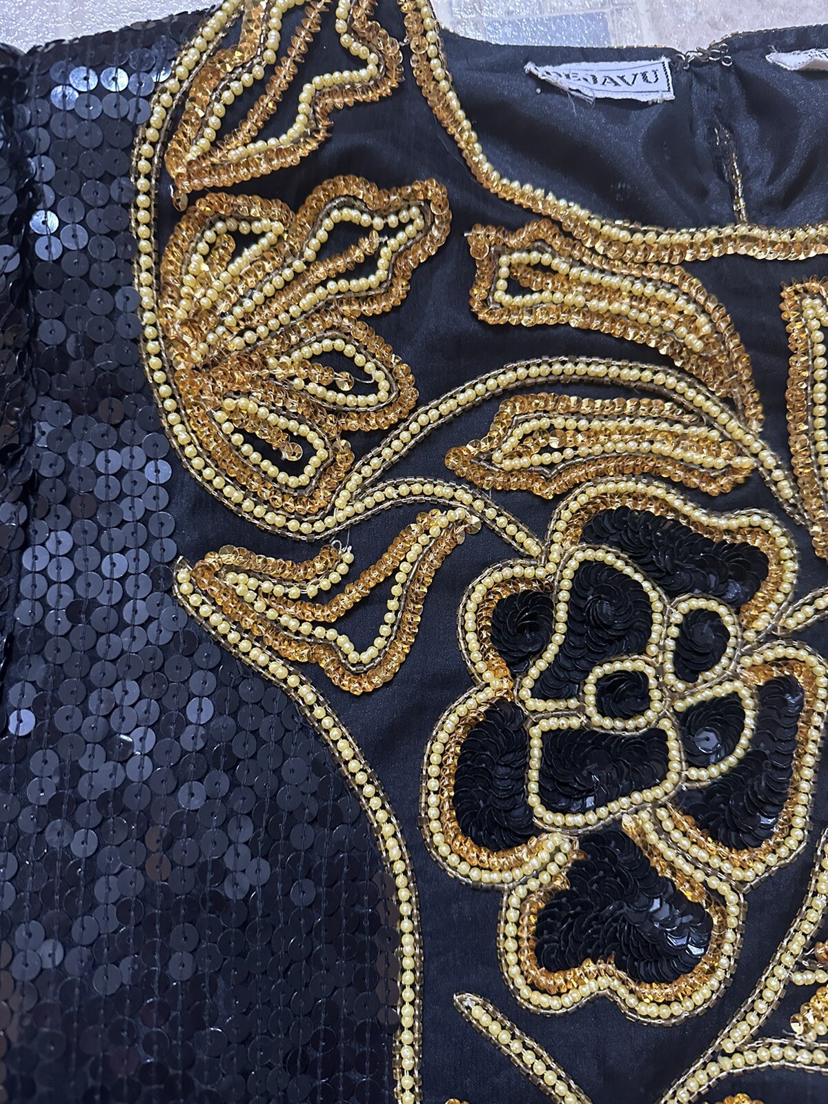 80s DEJAVU Silk Black And Gold Beaded Glam Sequin Top Woman Medium