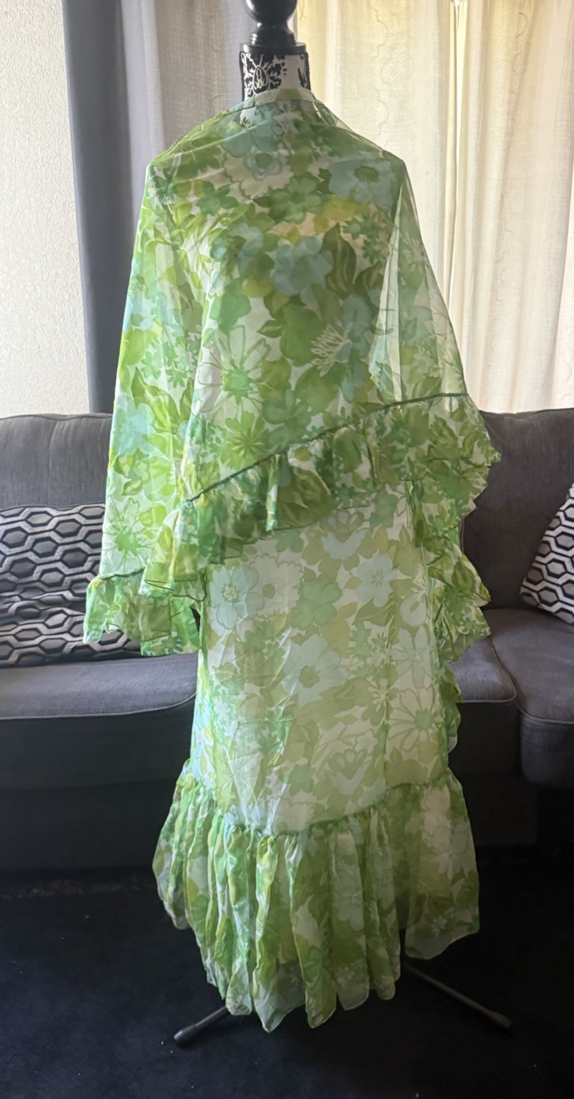 Vintage 70s ADDE California Green Floral dress & Shaw sleeveless