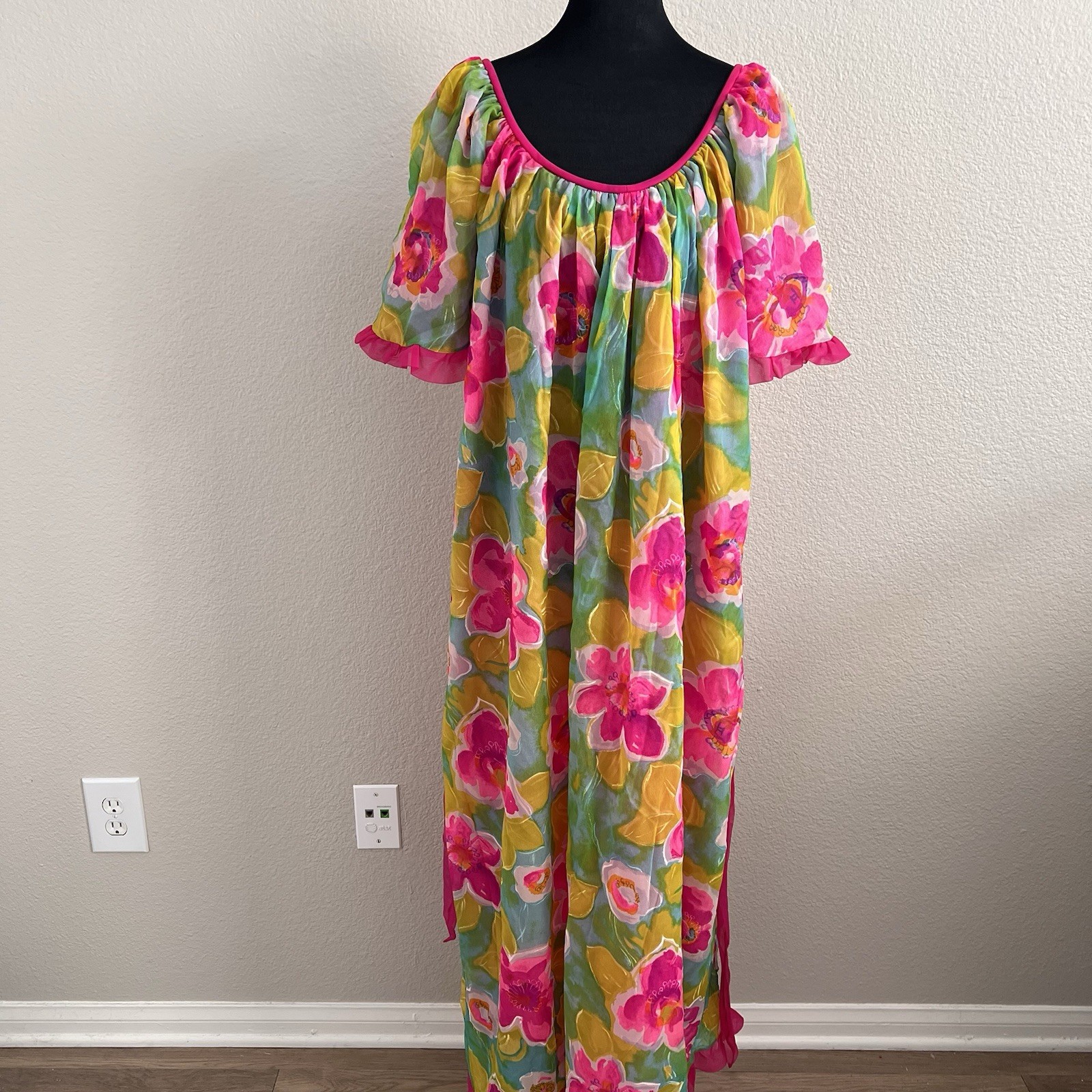 Vintage Jenelle of California Gown Belted Ruffles Floral Lined Colorful Nylon