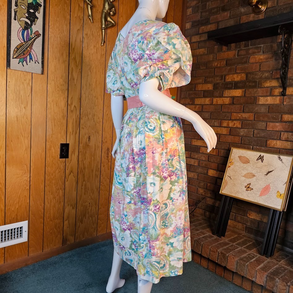 Vtg 80s Fever Dream Floral Romantic Garden Party Belted Bow Volup Tea Dress M/L
