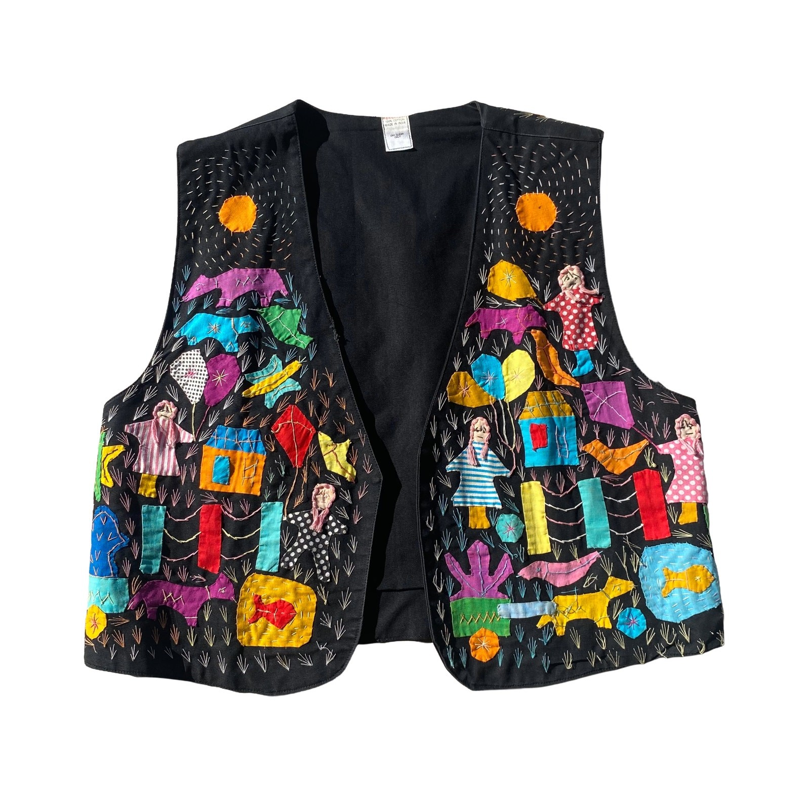 Rare VTG Hand Patched Vest Sz M Multicolor Cotton Animal Motif Novelty Ethnic