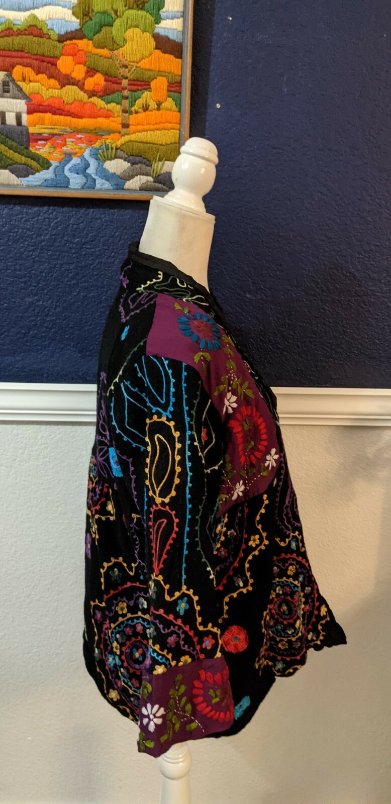 VTG Anu Wearable Art Embroidered Patchwork Tapestry Open Front Jacket Sz Large L