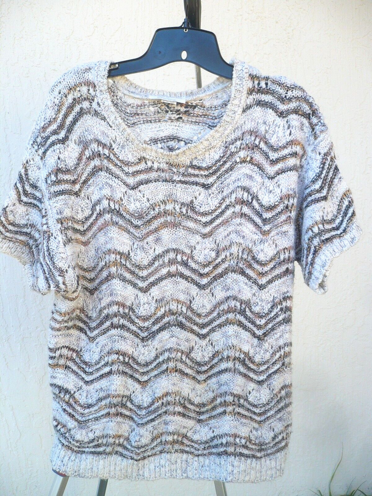 VTG ACROSS AMERICA COTTON BLN 2X X PLUS BROWN ZIG ZAG OPEN KNIT SS SWEATER WOMEN