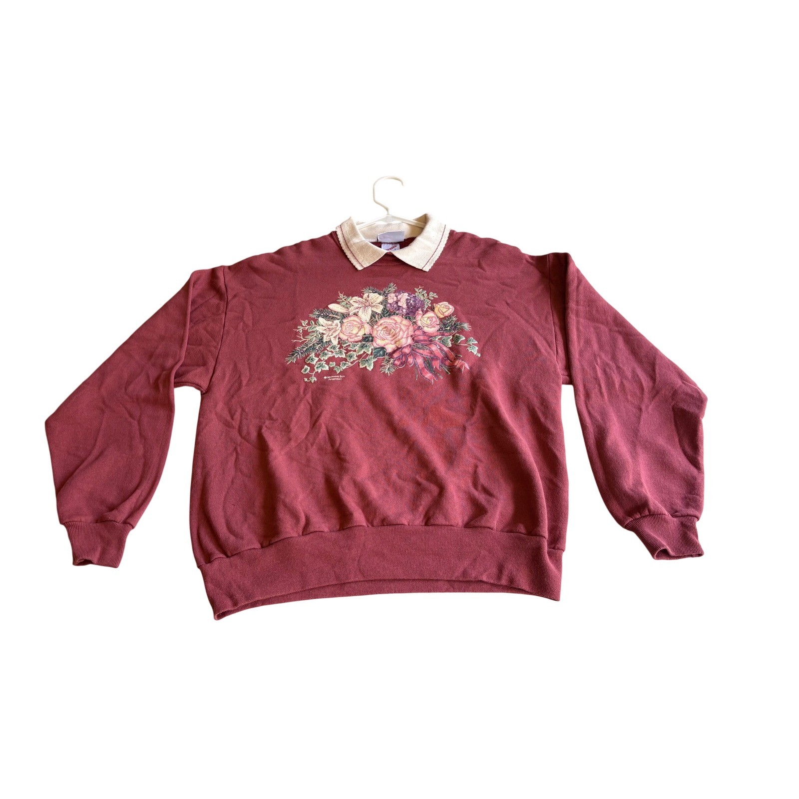 Vintage Jerzees Floral Sweatshirt Burgundy Collar Large USA