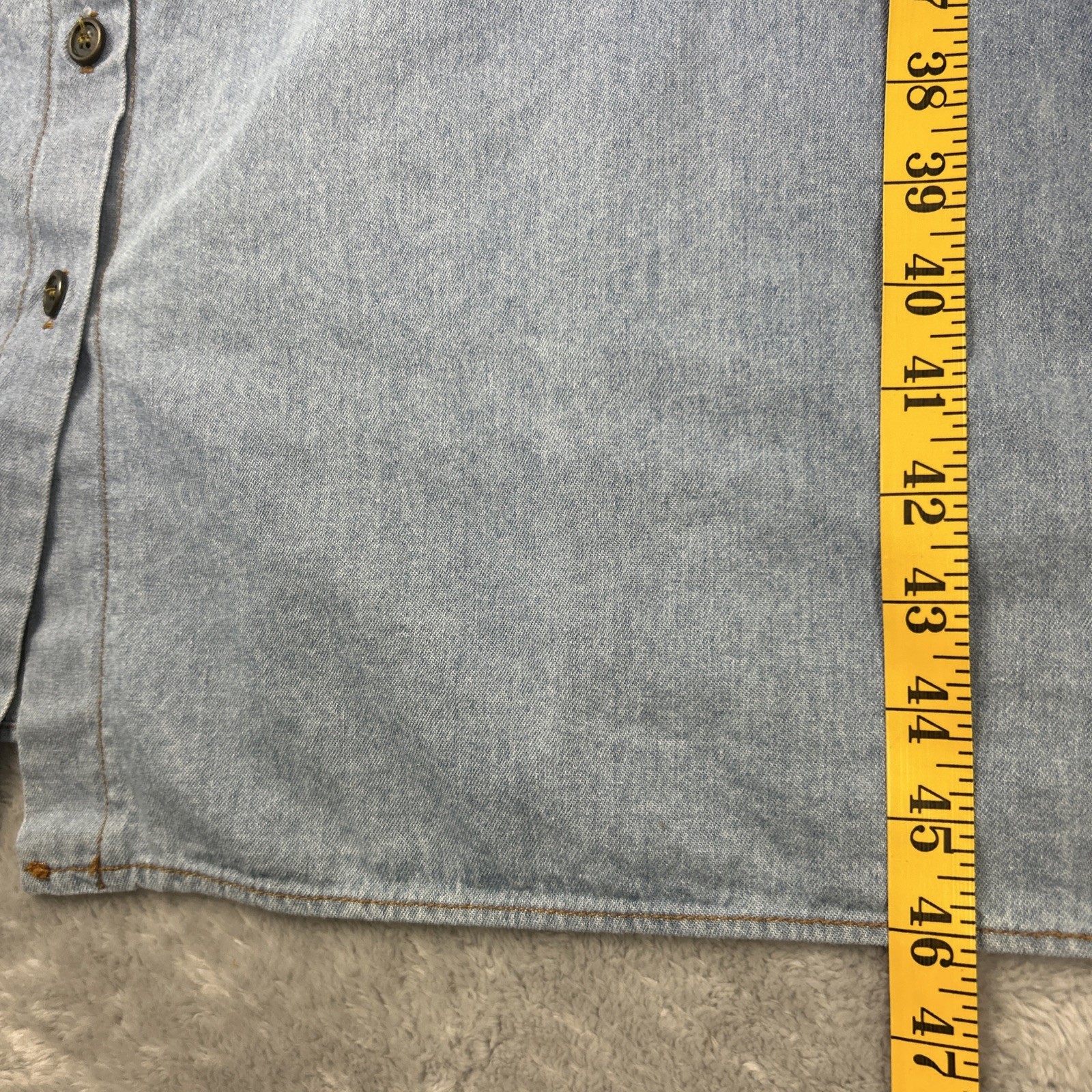 Vtg Stuart Alan Chambray Dress 14P Full Button Short Sleeve Pockets Prairie Boho