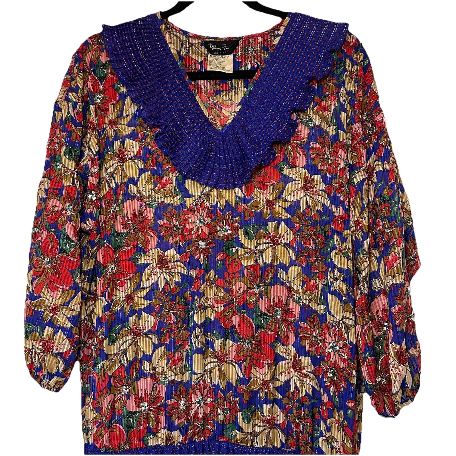 Diane Freis Drop Waist Dress XL Vintage Long Maxi Beaded Floral Ruffle Neckline