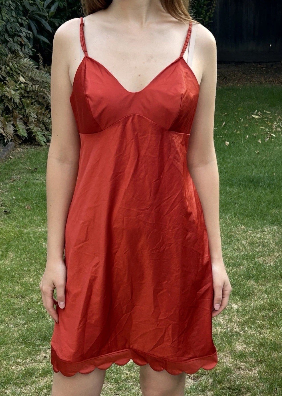 Vintage 70s Vanity Fair 34 S Slip Dress Scalloped Hem Burnt Orange