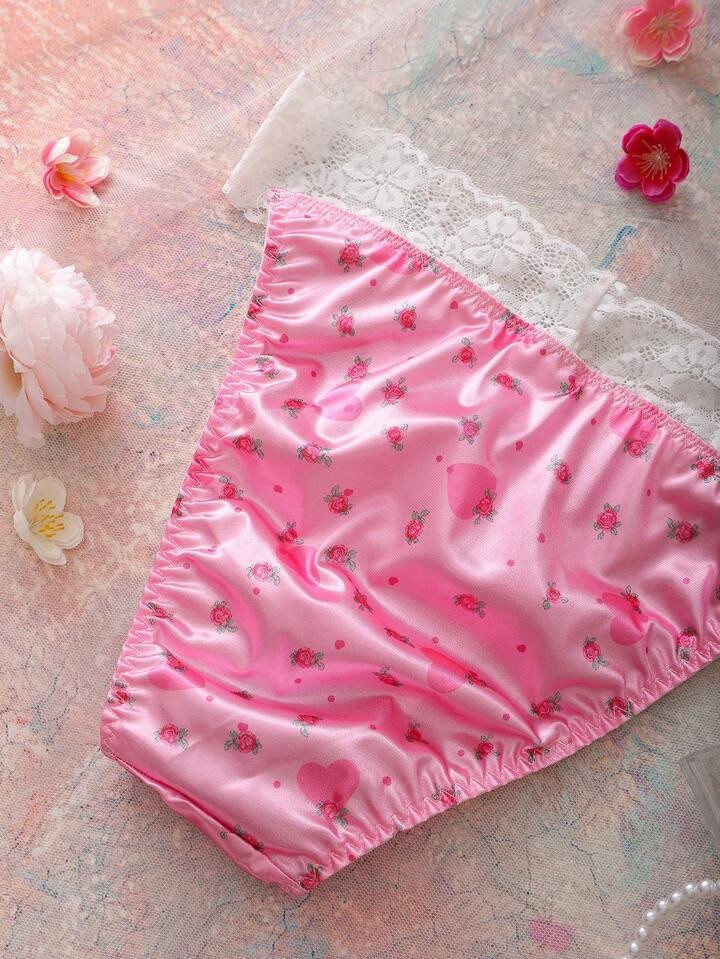Glossy Pink Floral 2nd Skin Satin Lace Waistband Hi-Cut Rio Panties XL NEW