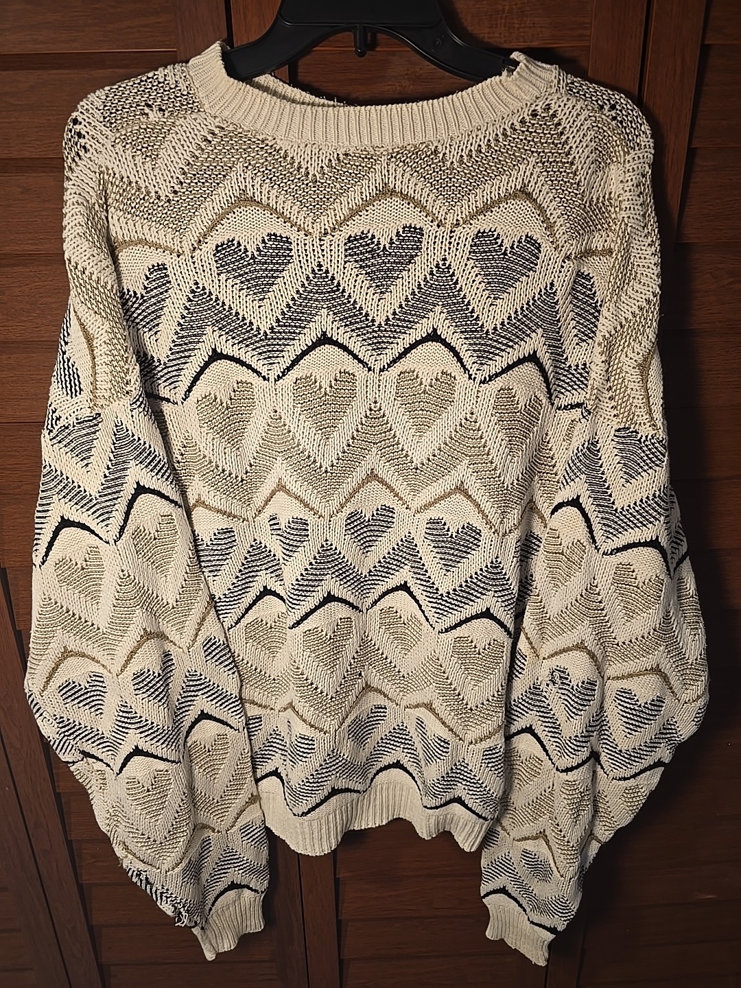 Vintage 80s Heart Knit Sweater Size XL Cream Gold & Black Distressed Pullover
