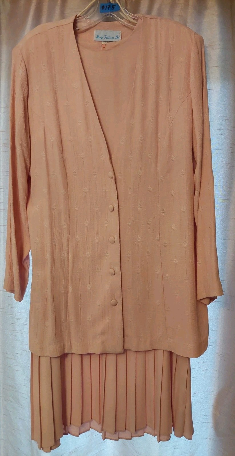 Vintage 80s Pink Midi Dress Suit Long Jacket Drop Waist Pleated Women Size 14P