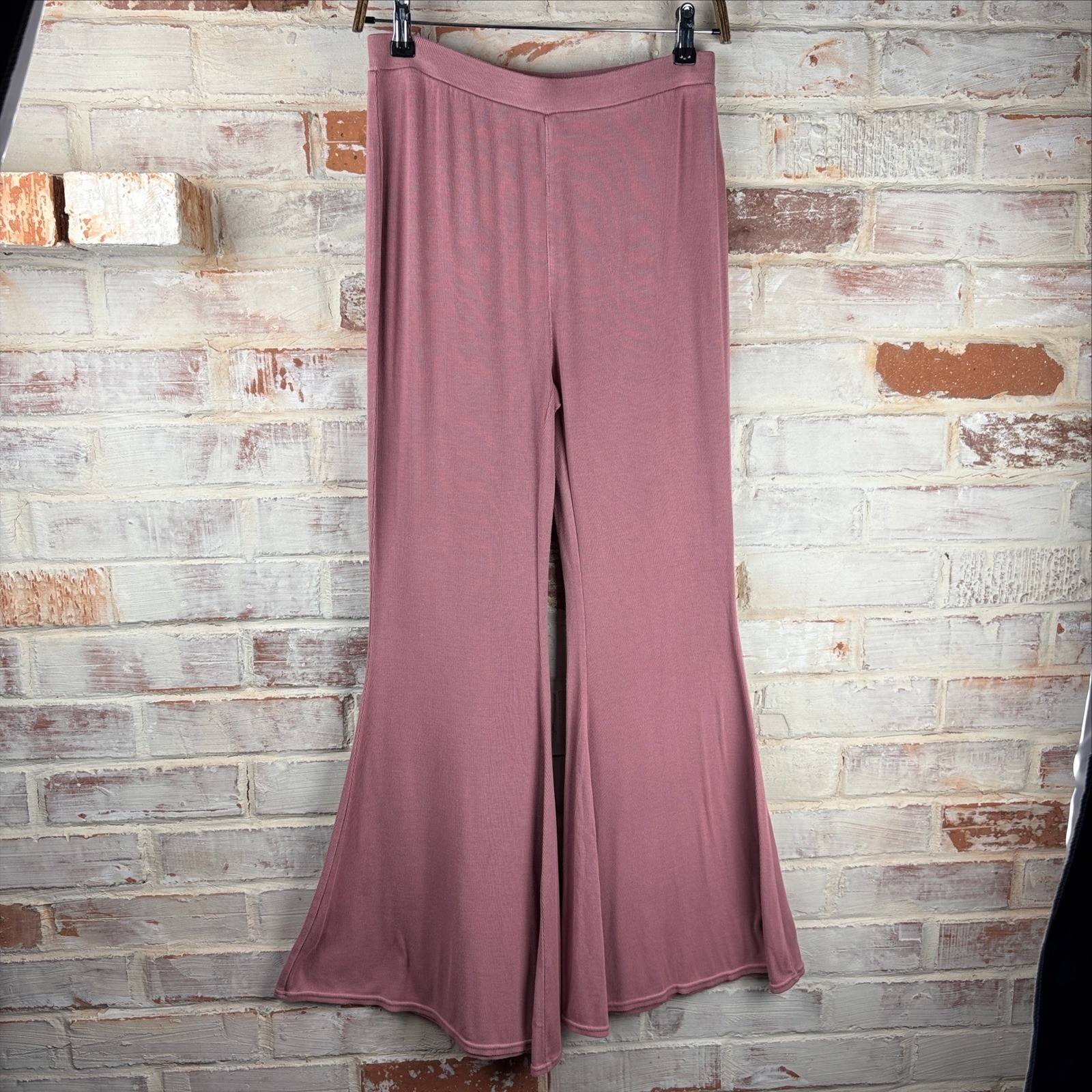 Free People Mauve Ribbed Knit Bell Bottom Flare Pants Size Small Boho 70s Retro