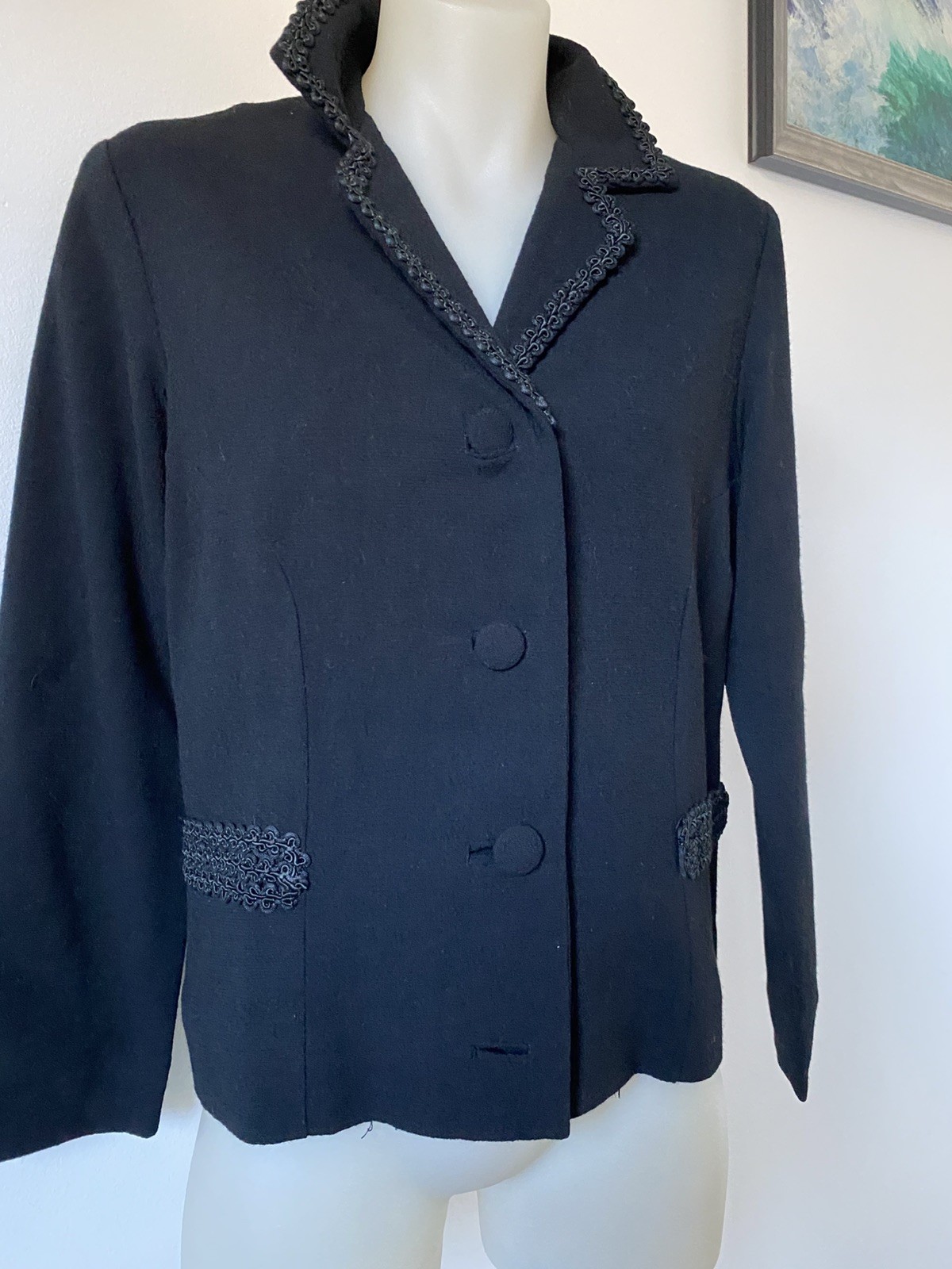 50,s Black Wool Crepe Braided Jkt.38” Bust