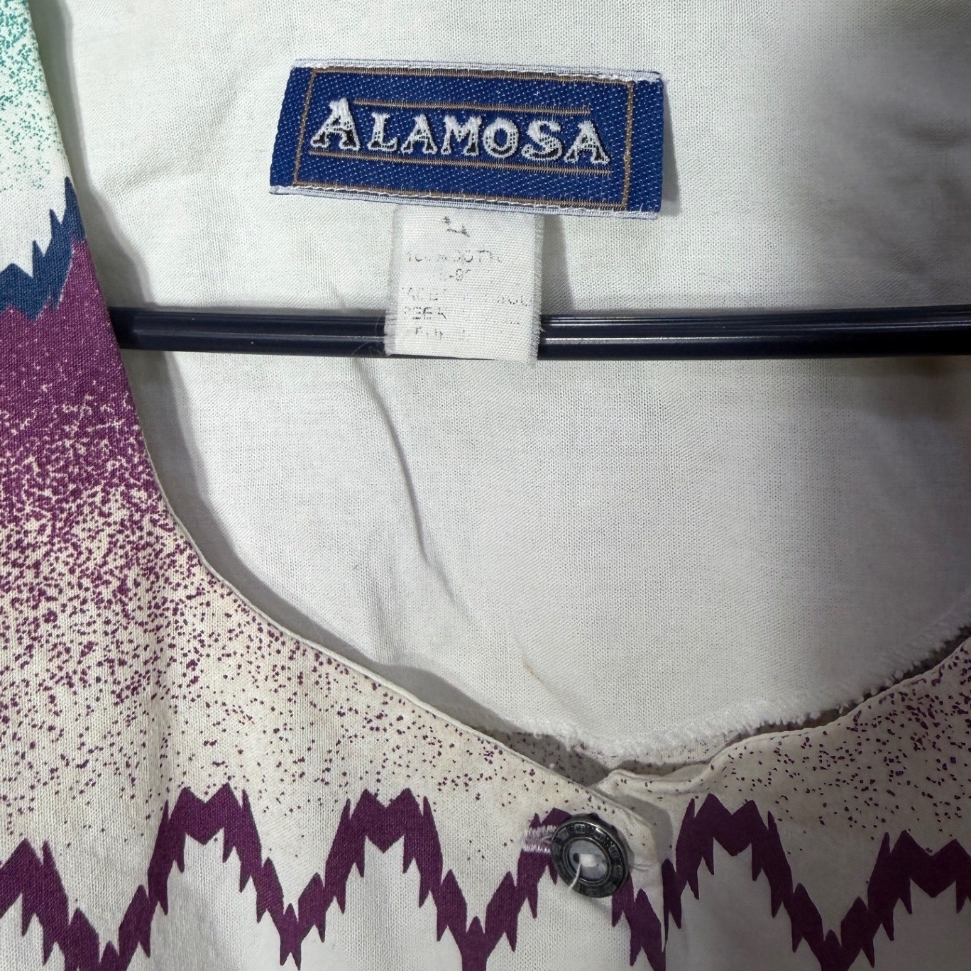 Alamosa Vintage Womens Southwestern Cropped Cotton Top White Teal Purple L