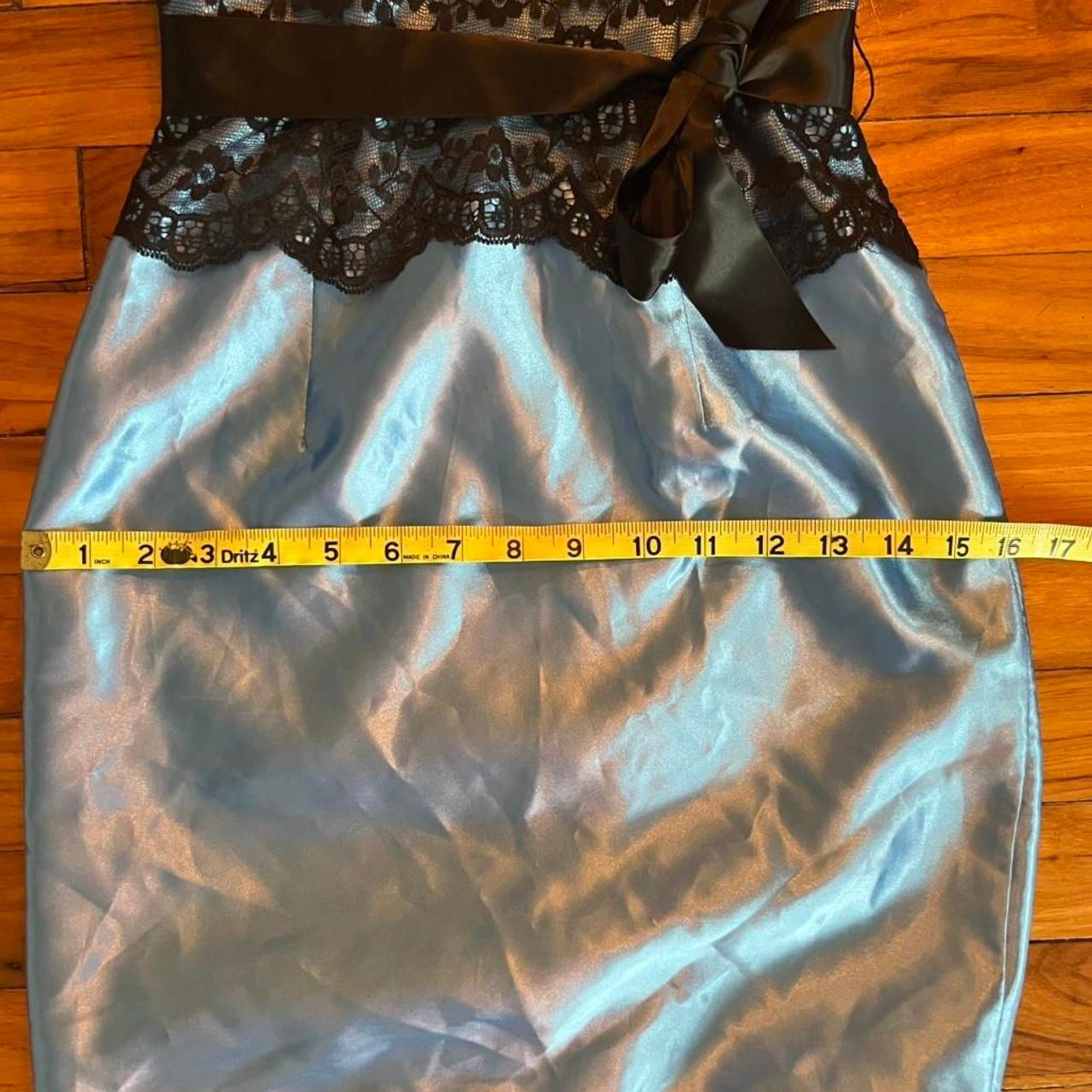 Vintage y2k Gunne Sax Baby Blue Satin Strapless Mini Dress Black Lace Size 1
