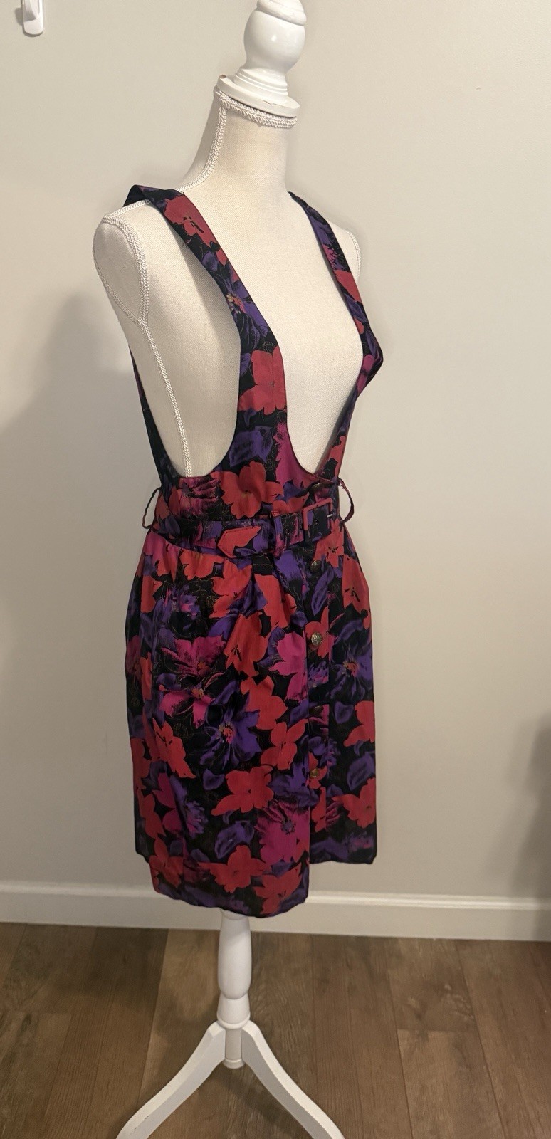 Vintage Floral Overall Belted Knee Length Dress Red Purple Pink Sz 13
