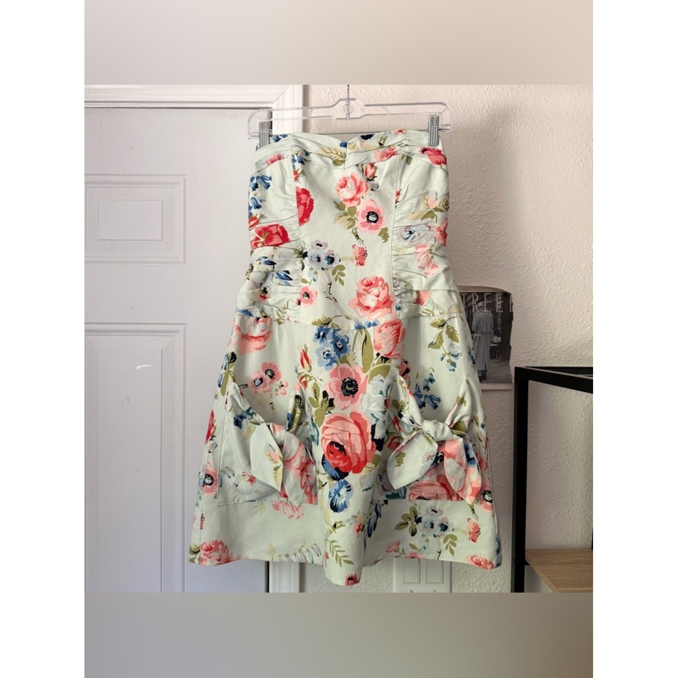 NANETTE LEPORE y2k vintage floral mint green strapless tie a-line mini dress